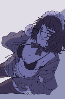 1girl black-framed_eyewear bow bra breasts collar commentary cowboy_shot dutch_angle english_commentary frilled_bra frilled_collar frills garter_straps glasses hairband hand_on_own_hip hand_up highres holding holding_removed_eyewear kawakami_sadayo looking_at_viewer maid_headdress medium_breasts medium_hair messy_hair monochrome navel parted_lips partially_unbuttoned persona persona_5 removing_eyewear shadow shirt simple_background smile solo stomach thighhighs underwear unworn_eyewear white_background white_hairband yaoto