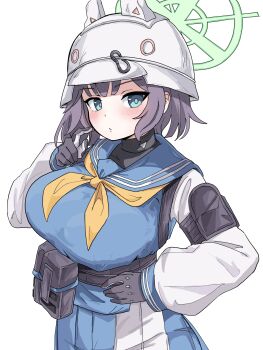 Rule 34 | 1girl, black gloves, black hair, blue archive, blue serafuku, breasts, combat helmet, commentary request, gloves, green eyes, green halo, halo, helmet, highres, huge breasts, jacket, long sleeves, multicolored jacket, neckerchief, raglan sleeves, saki (blue archive), school uniform, serafuku, short hair, solo, stahlhelm, tachikaze miyako, tactical school uniform, two-tone jacket, white helmet, yellow neckerchief