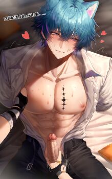 1boy absurdres animal_ears black_pants blue_hair brant_(wuthering_waves) chinese_text commentary_request handjob heart highres male_focus muscular naked_shirt nipples pants penis pov rover_(wuthering_waves) shirt sweat uncensored white_shirt wuthering_waves xiaobailang