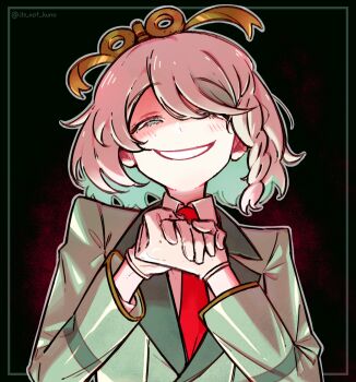 absurdres blazer braid cecilia_immergreen collared_shirt colored_inner_hair formal_clothes gloves green_eyes green_suit grin highres hololive hololive_english jacket multicolored_hair necktie own_hands_clasped own_hands_together red_necktie shirt short_hair side_braid signature single_braid smile suit upper_body virtual_youtuber white_gloves white_shirt winding_key