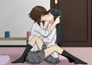 2girls between_legs black_hair black_socks brown_hair coffee_mug collared_shirt commentary_request cup door french_kiss grey_skirt hand_in_another's_hair highres indoors kiss long_hair mug multiple_girls on_floor original pleated_skirt ryuusa school_uniform shirt short_hair skirt socks white_shirt yuri