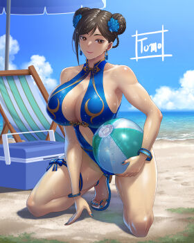 Rule 34 | 1girl, absurdres, artist name, ball, bare legs, bare shoulders, beach, beach chair, beach umbrella, beachball, blue one-piece swimsuit, blue sky, breasts, brown eyes, brown hair, capcom, casual one-piece swimsuit, center opening, chun-li, cleavage, cloud, commentary request, cooler, day, double bun, flower, hair bun, hair flower, hair ornament, highres, large breasts, looking at viewer, midriff, navel, ocean, official alternate costume, one-piece swimsuit, outdoors, sand, shiny skin, sky, squatting, street fighter, street fighter 6, swimsuit, tomo eokaiteru, umbrella
