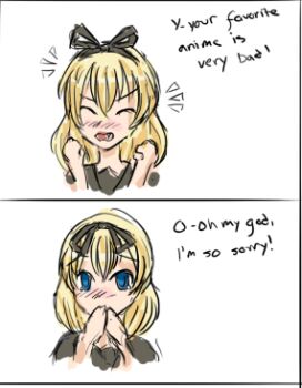 1girl 2koma 4chan apologizing black_ribbon blonde_hair blue_eyes blush bow comic covering_own_mouth drawfag english_text female_focus hair_bow hair_ribbon kowai_tsuriko looking_at_viewer lowres nose_blush original ribbon solo talking_to_the_viewer the_great_troll-sama