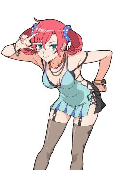 1girl ayu_(ddestiny944) bare_shoulders black_bra black_panties blue_camisole blue_eyes bra breasts camisole cleavage commentary_request cowboy_shot digimon digimon_story:_cyber_sleuth highres medium_breasts panties red_hair shiramine_nokia side-tie_panties sideless_outfit simple_background skindentation solo thighhighs twintails underwear w white_background