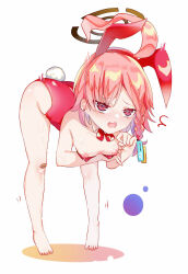 Rule 34 | 1girl, @ @, ahoge, animal ears, arm under breasts, asymmetrical bangs, bandaid, bandaid on knee, bandaid on leg, bare arms, bare legs, bare shoulders, barefoot, bent over, blue archive, blush, bow, bowtie, braid, breasts, collarbone, colored eyelashes, commentary, detached collar, downblouse, earrings, embarrassed, eyes visible through hair, fake animal ears, fang, foreshortening, full body, halo, highres, huge ahoge, imoe (1017933989), jewelry, leotard, leotard pull, looking at viewer, mole, mole under each eye, mole under eye, motion lines, multiple moles, neru (blue archive), neru (bunny) (blue archive), nipples, nose blush, open mouth, parted bangs, playboy bunny, rabbit ears, rabbit tail, red bow, red bowtie, red eyes, red hair, red leotard, short hair, simple background, single braid, skin fang, slit pupils, small breasts, solo, standing, strapless, strapless leotard, stud earrings, surprised, sweat, tail, thighs, toes, variant set, wavy mouth, white background