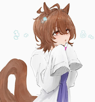 1girl agnes_tachyon_(umamusume) ahoge animal_ears begging brown_hair chemical_structure coat commentary_request earrings hair_between_eyes hands_up horse_ears horse_girl horse_tail hydr051 jewelry lab_coat medium_hair open_clothes open_coat pleated_skirt purple_shirt purple_skirt red_eyes shirt shirt_tucked_in simple_background single_earring skirt sleeves_past_fingers sleeves_past_wrists solo tail thighhighs umamusume white_background white_coat wolf_cut