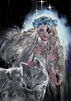 1girl absurdres black_background blue_eyes braid chinese_text claw_ring cracked_skin doll_joints dress elden_ring elden_ring_nightreign expressionless floating_hair flower_wreath glint glowing hair_over_one_eye hand_on_another&#039;s_head hands_up hashtag-only_commentary head_wreath highres jewelry joints kaolengmian_tanfan low_twin_braids missing_eye necklace revenant_(elden_ring) solo standing twin_braids white_dress white_hair white_wolf wolf