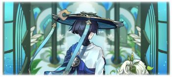 Rule 34 | 1boy, 1girl, animal print, arms at sides, belt, bird print, black belt, black bridal gauntlets, black hair, blue cape, blue hat, blunt ends, border, bridal gauntlets, cape, column, commentary, doorway, facing another, facing away, from behind, furisode, genshin impact, gold, gold trim, grey hair, hair ornament, half crown braid, hat, heart, heart hair ornament, height difference, indoors, japanese clothes, jingasa, kimono, lamppost, leaf, leaf hair ornament, long hair, multicolored hair, nahida (genshin impact), pillar, plant, pointy ears, potted plant, purple rope, purple sash, rope, sash, scaramouche (genshin impact), short sleeves, side ponytail, sidelocks, streaked hair, w 0reha, wanderer (genshin impact), watermark, white border, white hair, white kimono, white sleeves, white trim