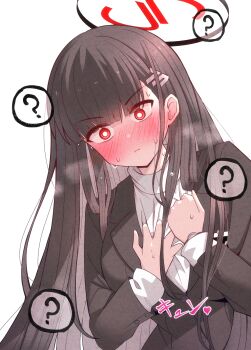 1girl ? black_hair black_jacket blue_archive blunt_bangs blush breasts buttons commentary_request full-face_blush hair_behind_ear halo hand_on_own_chest heart heavy_breathing highres jacket karikura_(atatata71) large_breasts long_hair red_eyes rio_(blue_archive) simple_background solo straight_hair sweat sweatdrop sweater upper_body v-shaped_eyebrows very_long_hair white_background white_sweater