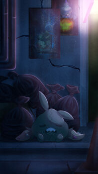 absurdres closed_eyes commentary_request crack cracked_wall facing_viewer gen_5_pokemon highres litwick nintendo no_humans open_mouth pokemon pokemon_(creature) poster_(object) rlngo_juice sitting smoliv solo teeth tongue trash_bag trubbish upper_teeth_only