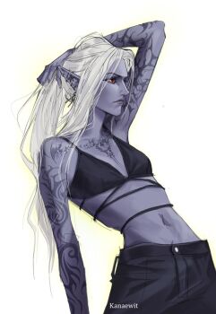 Rule 34 | 1girl, arm tattoo, baldur's gate, baldur's gate 3, bikini, bikini top only, black bikini, black pants, blue skin, colored skin, commentary, dark elf, dungeons & dragons, ear piercing, elf, english commentary, hand in own hair, kanaewit, looking to the side, midriff, minthara, navel, pants, piercing, pointy ears, simple background, solo, standing, swimsuit, tattoo, white background, white hair