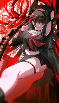 1girl absurdres arm_cutout arm_up armpits black_choker black_hair black_serafuku black_shirt black_skirt breasts chisa_(wuthering_waves) choker clothing_cutout commentary crop_top fingernails hair_ribbon highres holding holding_sword holding_weapon long_hair looking_at_viewer medium_breasts midriff nail_polish navel parted_lips red_eyes red_nails red_ribbon ribbon sailor_collar school_uniform serafuku shirt skirt solo sword thigh_strap thighs very_long_hair weapon white_sailor_collar wuthering_waves yuki_flourish