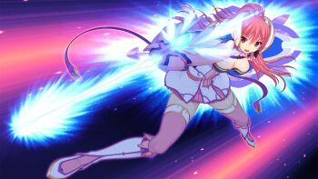 1girl boots breasts cleavage dress en_ciel_rena en_ciel_rena_(sin) floating_hair full_body game_cg gloves glowing glowing_sword glowing_weapon hair_between_eyes holding holding_weapon knee_boots kourin_tenshi_en_ciel_rena large_breasts large_variant_set long_hair miniskirt non-web_source official_art open_mouth pink_hair pink_thighhighs ponytail red_eyes red_hair saitou_natsuki short_dress skirt solo suhamaya sword thighhighs tomoe_rena v-shaped_eyebrows variant_set weapon zettai_ryouiki