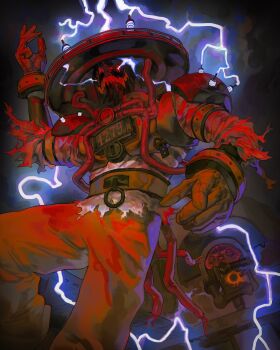 1boy brown_pants cuffs deadlock_(game) electricity hat headpiece hieumay highres jacket lightning male_focus mask pants prison_clothes prisoner seven_(deadlock) shackles shirt solo
