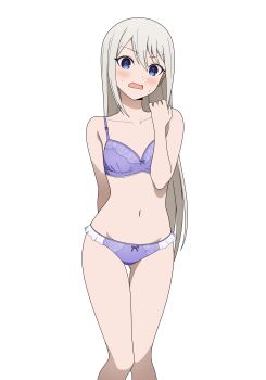 1girl absurdres arm_behind_back blue_eyes blush bow bow_bra bow_panties bra coro_fae embarrassed feet_out_of_frame flat_chest frilled_panties frills gluteal_fold grey_hair hair_between_eyes hand_up highres kaguya-sama_wa_kokurasetai_~tensai-tachi_no_renai_zunousen~ knees_together_feet_apart legs_together long_hair looking_at_viewer navel open_mouth paid_reward_available panties purple_bra purple_panties shirogane_kei simple_background solo standing stomach sweat thigh_gap underwear underwear_only v-shaped_eyebrows very_long_hair white_background
