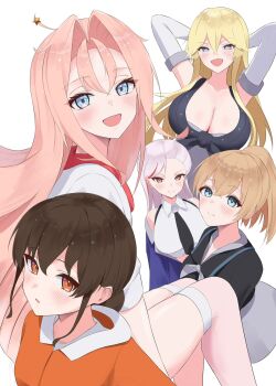 5girls arms_behind_head black_necktie black_shirt blonde_hair blue_eyes blue_jacket blush braid breasts brown_hair cleavage closed_mouth coat collared_shirt commentary_request drum_(kancolle) elbow_gloves front-tie_top gloves grey_eyes grey_neckerchief hair_between_eyes hair_ornament high_side_ponytail highres intrepid_(kancolle) iowa_(kancolle) jacket kantai_collection l_meet large_breasts long_hair looking_at_viewer massachusetts_(kancolle) multicolored_hair multiple_girls neckerchief necktie open_mouth orange_eyes orange_jacket pink_hair ponytail red_eyes red_hair shirt short_hair short_sleeves simple_background single_braid sleeveless sleeveless_shirt smile souya_(kancolle) souya_agb_(kancolle) star-shaped_pupils star_(symbol) star_hair_ornament star_ornament streaked_hair symbol-shaped_pupils trait_connection very_long_hair white_background white_coat white_shirt