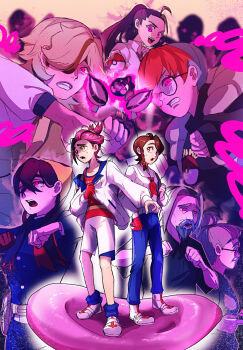 3boys 5girls alternate_eye_color arven_(pokemon) beard black_hoodie blue_jacket blue_pants blue_socks brown_hair buttons carmine_(pokemon) clenched_teeth commentary_request crossed_bangs facial_hair glasses gloves hachiri_(user_jwmp7225) hair_between_eyes hairband hideko_(pokemon) hood hoodie jacket juliana_(pokemon) kieran_(pokemon) long_sleeves mind_control mochi_mochi_dance multiple_boys multiple_girls nemona_(pokemon) nintendo open_clothes open_jacket pants penny_(pokemon) pink_eyes pokemon pokemon_scarlet_and_violet ponytail purple_hair red_gloves round_eyewear shirt shoes shorts single_glove socks teeth white_jacket white_shirt white_shoes white_shorts yellow_eyes yellow_hairband yukito_(pokemon)