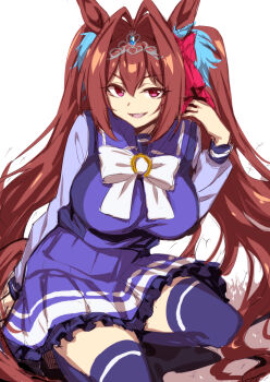 1girl animal_ears breasts brown_hair daiwa_scarlet_(umamusume) fang highres horse_ears horse_girl looking_at_viewer nakahira_guy purple_thighhighs red_eyes school_uniform smile solo thighhighs tiara tracen_school_uniform twintails umamusume