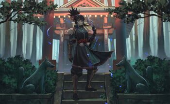 Rule 34 | 1other, androgynous, aqua eyes, armor, black hair, bush, closed mouth, clothing request, commentary, commission, day, english commentary, expressionless, forest, fox statue, gauntlets, hair ribbon, hand up, highres, holding, holding mask, inari, looking at viewer, mask, unworn mask, medium hair, nature, original, outdoors, ponytail, red ribbon, ribbon, short sleeves, shrine, solo, stairs, standing, statue, torii, tree, v-shaped eyebrows, vertigris, white mask, wide shot, wind