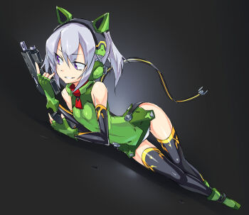 1girl :d animal_ear_headphones animal_ears ankle_boots bare_shoulders black_background black_thighhighs boots breasts cable cat_ear_headphones cat_ears detached_sleeves dutch_angle elbow_gloves fake_animal_ears female_focus fingerless_gloves full_body gloves gradient_background green_gloves grin gun hair_between_eyes hairband halterneck handgun headphones high_ponytail hip_focus holding holding_gun holding_weapon leotard looking_to_the_side lying magazine_(weapon) on_side open_mouth original panties pantyshot parted_bangs parted_lips plug ponytail purple_eyes short_hair short_ponytail sidelocks silver_hair skinny sleeveless small_breasts smile solo teeth thigh_gap thighhighs tomonao trigger_discipline underwear weapon wide_hips