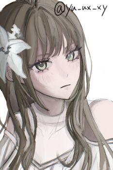 1girl absurdres bang_dream! bang_dream!_our_notes clothing_cutout commentary_request flower green_eyes grey_hair hair_flower hair_ornament highres kotohira_nagi long_hair parted_lips shoulder_cutout sidelocks simple_background solo white_background yu_ux_xy