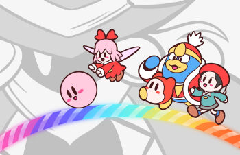 3girls adeleine black_hair blush_stickers coat colored_skin ddddndn drawcia fairy fairy_wings hat king_dedede kirby kirby:_canvas_curse kirby_(series) kirby_64 multiple_girls nintendo orange_skin pink_hair pink_skin rainbow red_coat red_hat red_ribbon ribbon ribbon_(kirby) waddle_dee wings witch_hat
