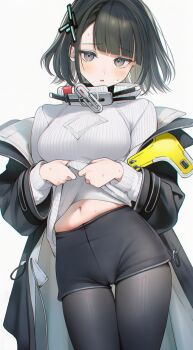1girl ai-assisted arknights arknights:_endfield black_coat black_hair black_leggings black_shorts blush breasts clothes_lift coat commentary cowboy_shot endministrator_(arknights) female_endministrator_(arknights) grey_eyes hair_ornament highres leggings lifting_own_clothes long_sleeves looking_at_viewer medium_breasts medium_hair navel off_shoulder open_clothes open_coat parted_lips poki_(j0ch3fvj6nd) ribbed_shirt shirt short_shorts shorts simple_background solo sweater sweater_lift thigh_gap white_background white_sweater
