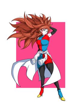 1girl android_21 arm_up armpits artist_request blue_eyes breasts brown_hair clothes_around_waist detached_sleeves dragon_ball earrings female_focus full_body high_heels highres hoop_earrings jacket jacket_around_waist jewelry lab_coat large_breasts leggings long_hair simple_background solo