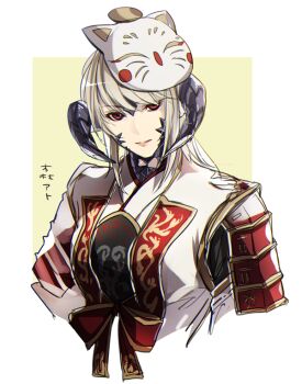 1girl armor au_ra blonde_hair border cropped_torso dragon_horns expressionless final_fantasy final_fantasy_xiv horns japanese_armor long_hair looking_at_viewer mask mask_on_head outside_border red_eyes scales shoulder_armor simple_background sode solo upper_body warrior_of_light_(ff14) white_border yellow_background yomo_(ym)