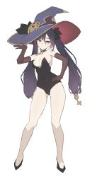 Rule 34 | 1girl, alternate costume, bare shoulders, black hair, black leotard, blush, detached sleeves, flat color, full body, genshin impact, hand on own hip, hat, leotard, long hair, mona (genshin impact), shoes, smile, twintails, white background, witch hat, zutsuyaku