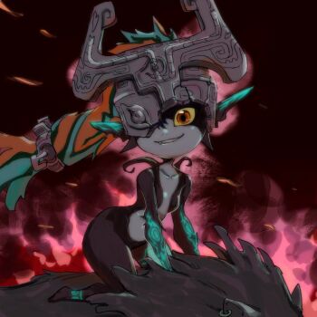 1boy 1girl ankle_tattoo arm_markings arm_tattoo bad_tag black_skin body_markings breasts collarbone colored_sclera colored_skin earrings embers fang fang_out fiery_background fiery_hair fire glowing_markings grin helmet highres imp jewelry kneeling link long_hair looking_at_viewer midna multicolored_skin neon_trim nintendo one_eye_covered orange_hair pear-shaped_figure pink_background pointy_ears ponytail red_background red_eyes riding riding_animal shortstack small_breasts smile solo_focus tattoo the_legend_of_zelda the_legend_of_zelda:_twilight_princess twili two-tone_skin wanda_yu wide_hips wolf wolf_link yellow_sclera