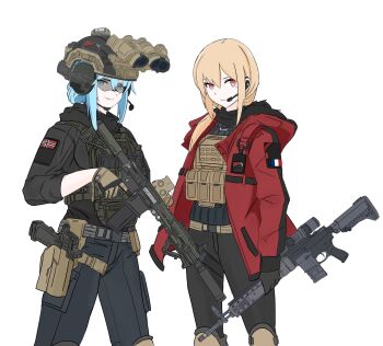 2girls ammunition_pouch angled_foregrip assault_rifle belt_pouch black_gloves black_pants black_sweater blonde_hair blue_eyes blue_hair breasts buckle bulletproof_vest combat_helmet commentary ear_protection earpiece emblem eotech fast_helmet flag_patch flashlight flip-up_sight french_flag gloves goggles green-tinted_eyewear green_helmet grey_pants grin gun hand_on_own_hip headset helmet highres holster hood hooded_jacket jacket knee_pads knife laser_sight load_bearing_equipment load_bearing_vest long_sleeves m4_carbine magazine_(weapon) medium_breasts medium_hair military military_operator mk_12_spr mole mole_under_eye multiple_girls night_vision_device norwegian_flag open_clothes optical_sight original pants patch pixcy_(pixcy5) pouch red_jacket rifle scope sidelocks simple_background sleeves_rolled_up smile snap-fit_buckle sniper_rifle staccato_2011 suppressor sweater tactical_clothes thigh_holster tinted_eyewear trigger_discipline turtleneck turtleneck_sweater weapon white_background