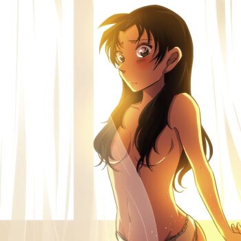 Rule 34 | 1girl, artist collaboration, black hair, blush, breasts, closed mouth, collarbone, commentary request, convenient hair, cowboy shot, curtains, flower, from side, furrowed brow, green eyes, groin, hair down, indoors, long hair, meitantei conan, morning glory, navel, panties, ponblue, s n sb 4869, solo, tooyama kazuha, topless female, underwear, white panties