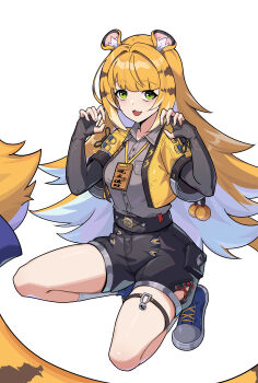 1girl absurdres animal_ears black_gloves black_shirt black_shorts blonde_hair blue_shoes claw_pose colored_inner_hair cropped_jacket diver_(765610768) elbow_gloves fingerless_gloves gloves green_eyes highres jacket ju_fufu multicolored_hair o-ring o-ring_thigh_strap open_mouth shirt shoes shorts smile solo tail thigh_strap tiger_ears tiger_girl tiger_stripes tiger_tail two-tone_hair white_background white_hair yellow_jacket zenless_zone_zero