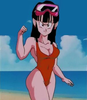 angry anime_screenshot ass backless_outfit backless_swimsuit bad_tag beach black_hair blue_sky breasts chi-chi_(dragon_ball) cleavage clenched_hand clenched_teeth cloud collarbone covered_navel crotch derivative_work dragon_ball dragonball_z earrings fringe_trim groin hand_up huge_ass jewelry large_breasts long_cleavage long_hair ocean open_mouth red_earrings red_swimsuit screencap screenshot_redraw seaside sidelocks sky snorkel swimsuit teeth thick_thighs thighs third-party_edit