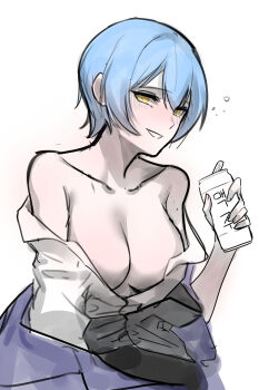 1girl absurdres angela_(project_moon) bare_shoulders beer_can black_vest blue_hair breasts can drink_can hashtag-only_commentary helseujang highres holding holding_can large_breasts library_of_ruina looking_at_viewer off_shoulder open_clothes open_shirt parted_lips project_moon shirt short_hair smile solo upper_body vest white_shirt yellow_eyes