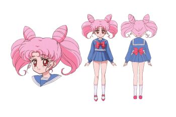 Rule 34 | 1girl, absurdres, ass, bishoujo senshi sailor moon, bishoujo senshi sailor moon crystal, brooch, reference sheet, chibi usa, choker, closed mouth, cone hair bun, full body, hair bun, highres, huge filesize, jewelry, long hair, looking at viewer, miniskirt, official art, pink hair, sailor chibi moon, sailor collar, school uniform, skirt, smile, solo, standing, star (symbol), star choker, toei company, twintails, white background, wide hips