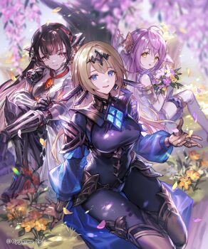 3girls \||/ aenea_(shadowverse) against_tree android arm_support armband bare_shoulders black_hair blonde_hair blue_eyes blue_gemstone blush bodysuit bouquet breasts cherry_blossoms closed_mouth commentary_request copyright_name day falling_petals flower foliage frilled_shirt frilled_thighhighs frills gear_hair_ornament gem grass hair_between_eyes hair_ornament hand_on_own_arm happy high_collar highres holding holding_bouquet impossible_clothes large_breasts lee_hyeseung long_hair looking_at_viewer looking_back mechanical_arms mechanical_hands mechanical_legs mono_(shadowverse) multiple_girls nature necktie official_art on_grass open_mouth outdoors petals pink_flower purple_hair red_eyes red_gemstone red_necktie shadowverse shirt sitting small_breasts smile tetra_(shadowverse) thighhighs tree tree_shade under_tree watermark white_shirt yellow_eyes yellow_flower