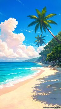 artist_name beach blue_sky cloud cloudy_sky coconut_tree color_creation commentary_request day highres no_humans ocean original palm_tree rock scenery shore sky tree water