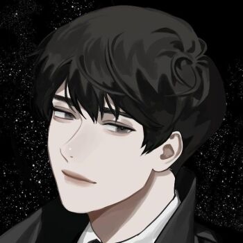1boy aegyo_sal black_coat black_eyes black_hair blackbox_(blackbox9158) coat curtained_hair head_tilt kim_dokja looking_at_viewer male_focus omniscient_reader&#039;s_viewpoint popped_collar portrait shirt short_hair sky smirk solo star_(sky) starry_sky third-party_source white_shirt