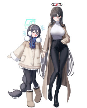 2girls absurdres alternate_costume aqua_halo aris_(blue_archive) black_boots black_halo black_pants blue_archive blush boots commentary denim earmuffs hair_between_eyes hair_ornament hairclip halo hand_in_pocket happy highres holding_hands jeans long_hair long_hair_between_eyes multiple_girls pants pantyhose rectangular_halo red_eyes rio_(blue_archive) sab_(sab2500) scarf sweater turtleneck turtleneck_sweater white_background