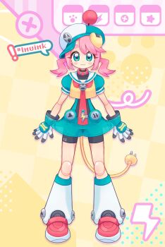 Rule 34 | !, 1girl, :3, android, animal collar, animal ears, aqua eyes, aqua hat, artist self-insert, asui inui (vtuber), asuinui, baseball cap, bike shorts, black shorts, blush stickers, bolt (hardware), checkered background, closed mouth, collar, commentary, dog ears, dog girl, dress, electric plug, electric plug tail, english commentary, full body, gloves, hashtag, hat, highres, indie virtual youtuber, joints, leg warmers, legs apart, lightning bolt symbol, looking at viewer, medium hair, neckerchief, patterned background, pause button, paw print, paw print background, pink hair, play button, puffy short sleeves, puffy sleeves, red collar, red shoes, robot, robot girl, robot joints, sailor collar, see-through clothes, shoes, short dress, short sleeves, short twintails, shorts, smile, solo, speech bubble, standing, straight-on, studded collar, swept bangs, tail, thick eyebrows, tilted headwear, twintails, virtual youtuber, white gloves, white leg warmers, window (computing), yellow background