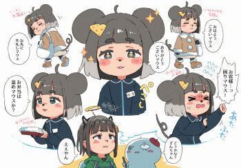 >_< +_+ 1boy 2girls ahoge animal_ears ano_ko_wa_toshi_densetsu artist_self-insert beret black_gloves black_hair black_pantyhose black_shirt blush_stickers boots brown_boots brown_jacket brown_skirt cheese_hair_ornament closed_eyes closed_mouth collared_shirt commentary_request drawstring dress_shirt fake_halo fake_horns flying_sweatdrops food-themed_hair_ornament fur-trimmed_boots fur-trimmed_jacket fur_trim gloves gomennasai green_hoodie grey_hair hair_ornament halo hat hood hood_down hoodie horns jacket long_sleeves mouse_ears mouse_girl mouse_tail multicolored_hair multiple_girls pantyhose parted_lips puffy_long_sleeves puffy_sleeves red_hat shirt short_eyebrows skirt sleeves_past_wrists sparkle tail thick_eyebrows tilted_headwear translation_request two-tone_hair wavy_mouth white_background zangyaku-san