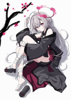 1girl :/ absurdres ahoge bandaged_foot bandaged_hand bandaged_leg bandages bare_shoulders barefoot bell black_kimono black_nails blue_archive blunt_ends blush closed_mouth commentary_request crossed_bangs film_grain flat_chest from_above frown full_body gauze gauze_on_cheek grey_hair hair_between_eyes hair_intakes halo highres hugging_own_legs japanese_clothes jingle_bell kimono kiroshi knees_up korean_commentary long_hair long_sleeves looking_at_viewer lying nail_polish on_side pink_pupils red_eyes red_halo shuro_(blue_archive) sideless_kimono simple_background solo very_long_hair white_background wide_sleeves