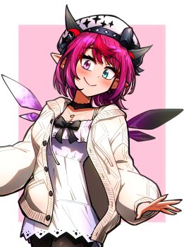 Rule 34 | 1girl, aqua eyes, asymmetrical wings, beret, black choker, black horns, border, bow, breasts, cable knit, cardigan, choker, cleavage, commentary, cowboy shot, crystal wings, ddolbang, dress, empire waist, hat, hat bow, heterochromia, highres, hololive, hololive english, horns, irys (casualrys) (hololive), irys (hololive), jewelry, lace, lace choker, long sleeves, necklace, open cardigan, open clothes, pink background, pink eyes, pink hair, pointy ears, puffy long sleeves, puffy sleeves, short dress, short hair, simple background, smile, solo, sparkle print, standing, virtual youtuber, white border, white dress, white hat, wings