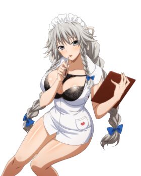1girl bare_legs black_bra blue_bow bow bra braid breasts cleavage clipboard dress feet_out_of_frame female_focus from_above grayfia_lucifuge grey_eyes grey_hair hair_bow hat head_tilt heart heart_print high_school_dxd holding holding_clipboard holding_pen large_breasts lingerie long_hair looking_at_viewer mad_kang maid_headdress matching_hair/eyes nurse open_mouth pen pencil_to_face quad_braids red_lips sitting solo torn_bra torn_clothes transparent_background twin_braids underwear white_dress