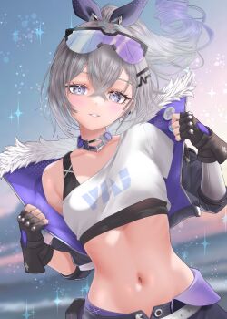 1girl bare_shoulders black_gloves choker commentary_request crop_top drill_hair fingerless_gloves fur_trim gloves goggles goggles_on_head gradient_hair grey_eyes grey_hair grin hair_between_eyes hair_ribbon highres honkai:_star_rail honkai_(series) jacket long_hair looking_at_viewer midriff multicolored_hair nanaki24 navel off_shoulder open_clothes open_jacket ponytail purple_hair purple_jacket ribbon shirt silver_wolf_(honkai:_star_rail) single_sleeve smile solo stomach undershirt upper_body white_shirt