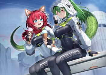 Rule 34 | 1girl, absurdres, akekuri (arknights), animal ears, arknights, arknights: endfield, black bodysuit, blue eyes, bodysuit, closed eyes, crocodile girl, dog ears, dog girl, fingerless gloves, fluorite (arknights), food, gloves, green hair, green tail, hair between eyes, haku rege, highres, holding, holding food, holding ice cream, hooded shrug, ice cream, long hair, multicolored shrug, open mouth, outdoors, ponytail, red hair, shrug (clothing), sitting, snake girl, snake tail, tail, thighs, two-tone shrug