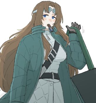1girl aqua_coat bag black_gloves blue_eyes breasts brown_hair candy candy_bar chocolate chocolate_bar coat devyat'_association_north_uniform food food_in_mouth gloves goggles goggles_on_head highres holding holding_bag jacket jacket_under_coat large_breasts limbus_company long_hair long_sleeves looking_at_viewer overcoat parted_bangs project_moon rodion_(project_moon) simple_background solo ssup_ddi standing upper_body white_background white_jacket