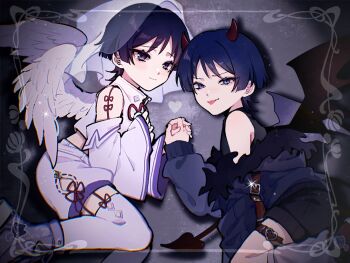 2boys adapted_costume aged_down alternate_costume angel_and_devil angel_wings asymmetrical_wings belt black_jacket black_shirt black_shorts black_sleeves blunt_ends border child chinese_knot closed_mouth clothing_cutout cross-laced_shoes demon_boy demon_horns demon_tail demon_wings detached_sleeves dual_persona eyelashes eyeliner eyeshadow feathered_wings fur_collar genshin_impact glint grey_background hand_on_own_chest heart heart_o-ring heart_tail highres hip_vent holding_hands horns interlocked_fingers jacket leg_warmers light_blush long_sleeves looking_at_viewer makeup mismatched_wings multiple_boys o-ring off_shoulder out_of_frame polar_opposites purple_eyes purple_hair purple_shoes purple_sleeves purple_thighhighs purple_trim purple_wings red_eyeliner red_eyeshadow red_horns red_tail red_wings scaramouche_(cat)_(genshin_impact) scaramouche_(genshin_impact) scaramouche_(kabukimono)_(genshin_impact) shadow shirt shoes shorts tail tears thigh_belt thigh_strap thighhighs tongue tongue_out tsurime w02_14 white_border white_leg_warmers white_shorts white_wings wide_sleeves wings wispy_bangs